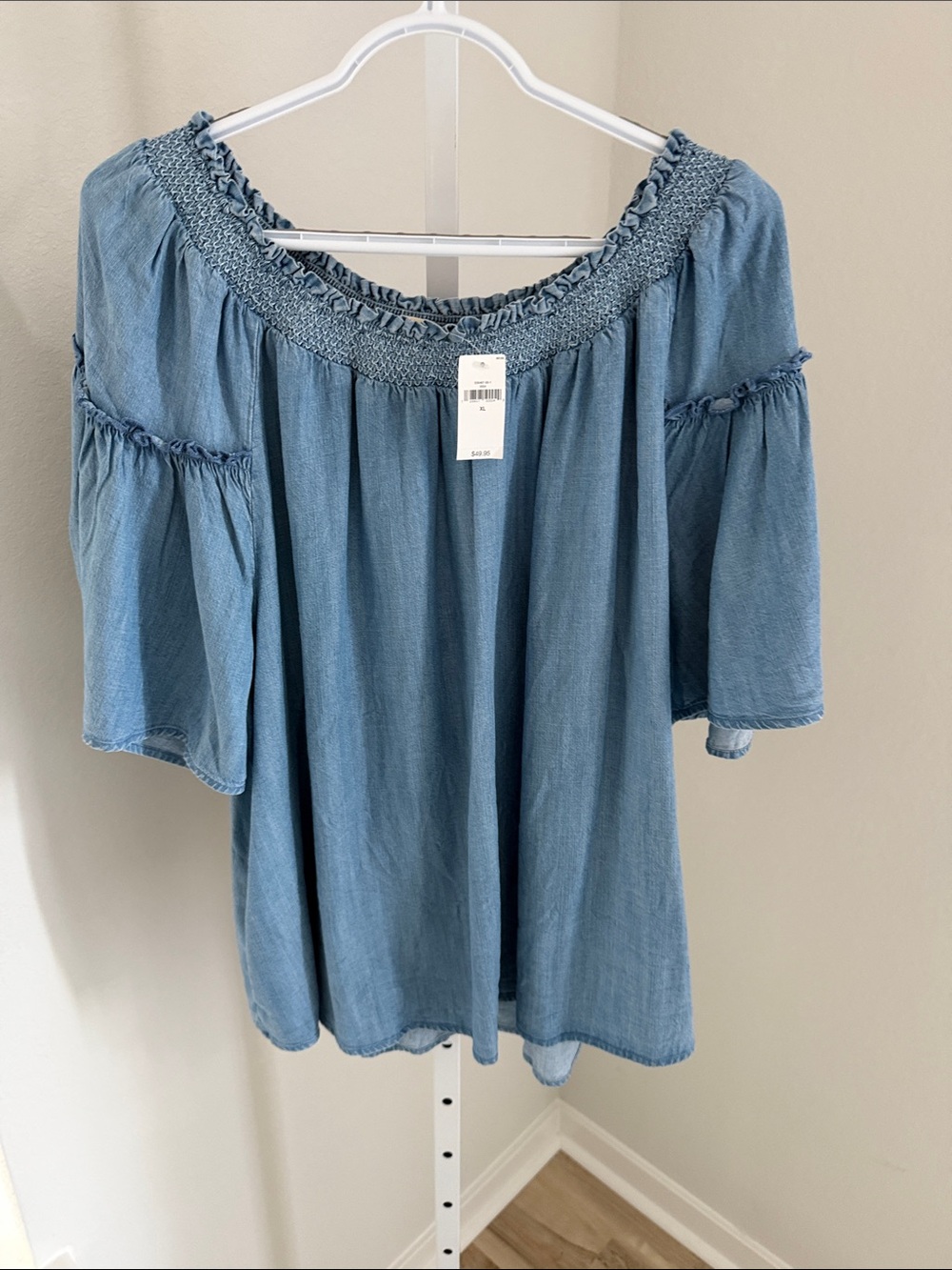 GAP Light Denim Blue Off-Shoulder Smocked Yoke Top
